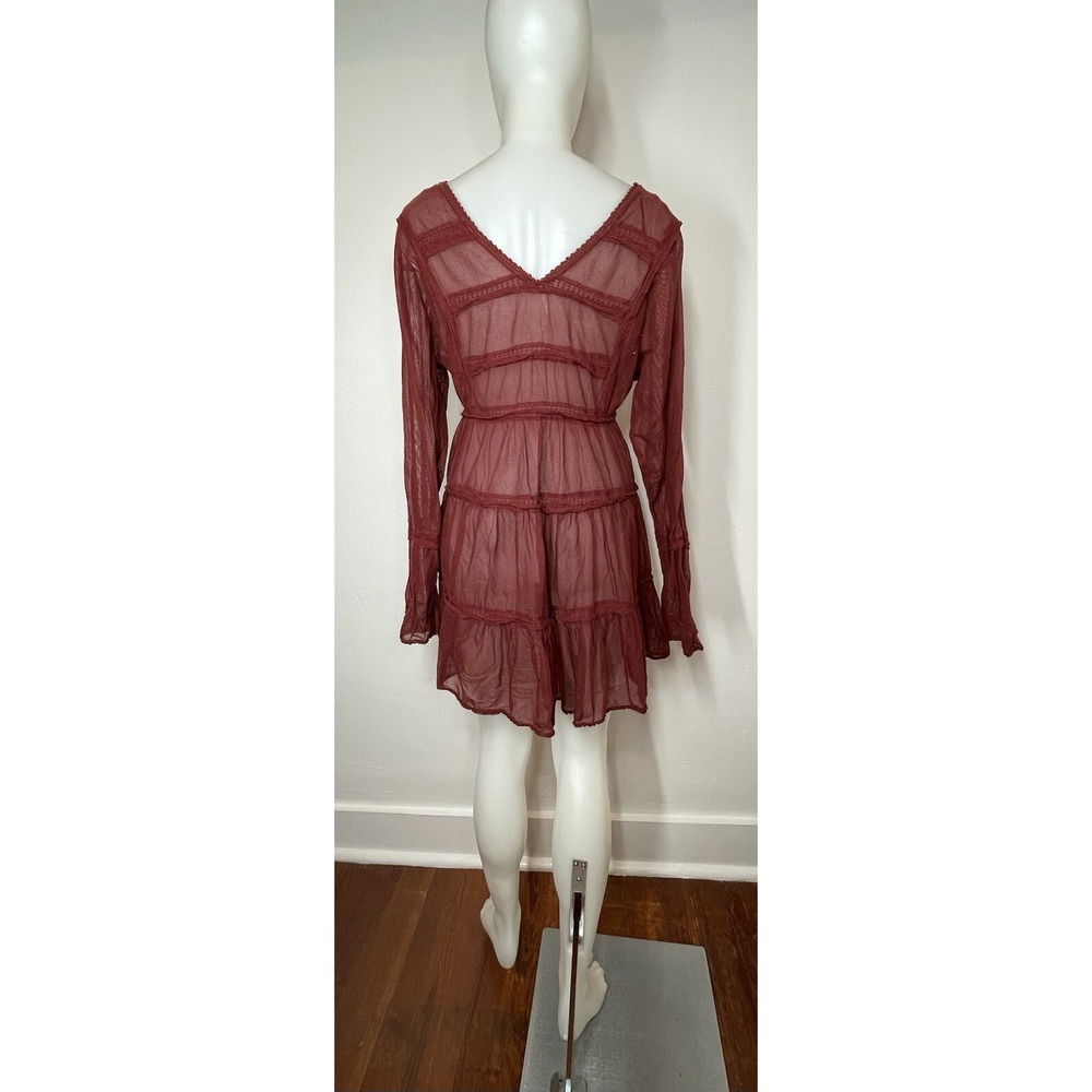 Free People Mesh Tiered Dress SZ S Berlin Maroon Long Sleeves (No Slip - Picture 5 of 8